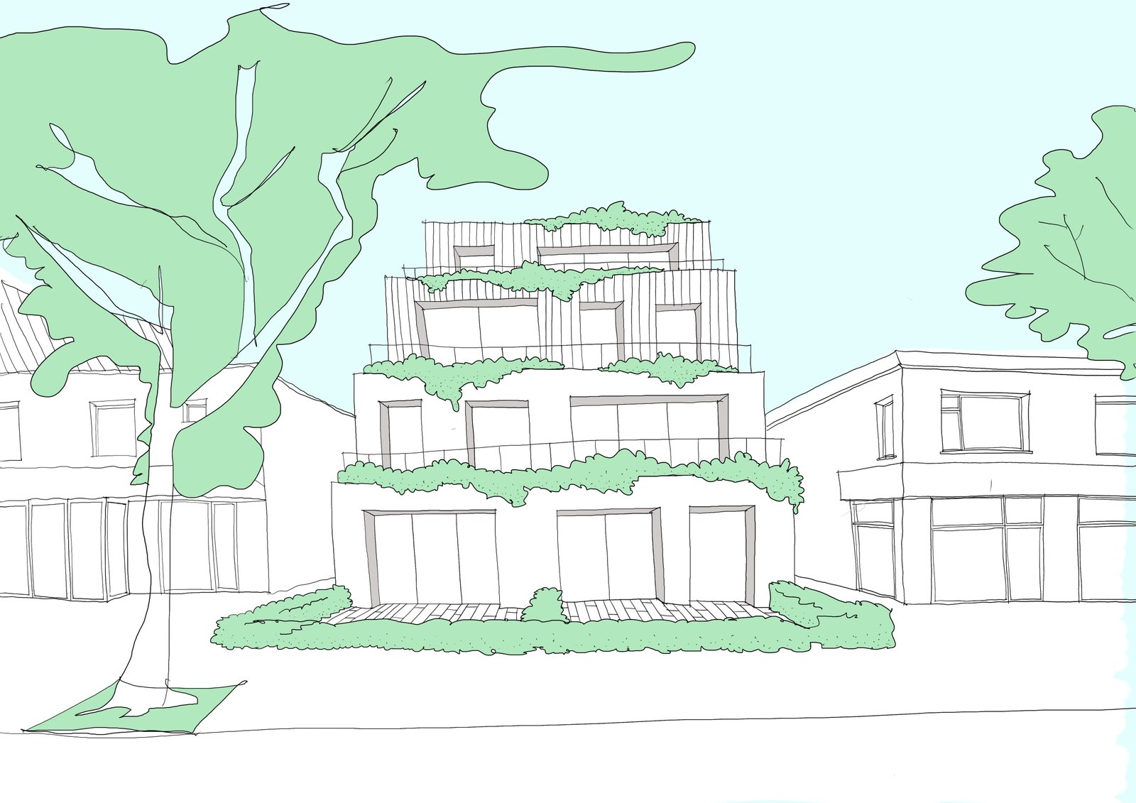 Architectuurschets Kampweg 41-43, Doorn — terrassenconcept